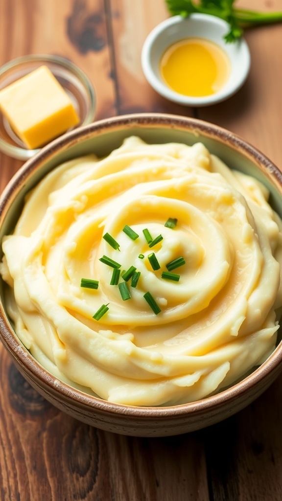 Creamy mashed baby potatoes in a bowl, garnished with chives, on a rustic wooden table.